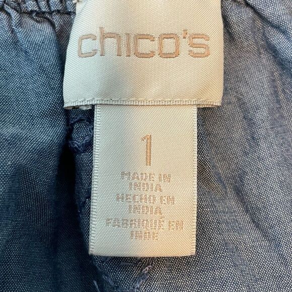 Chico's Chambray Peasant Top Blue Embellished Denim‎ Long Sleeve Boat Neck M - Picture 8 of 9